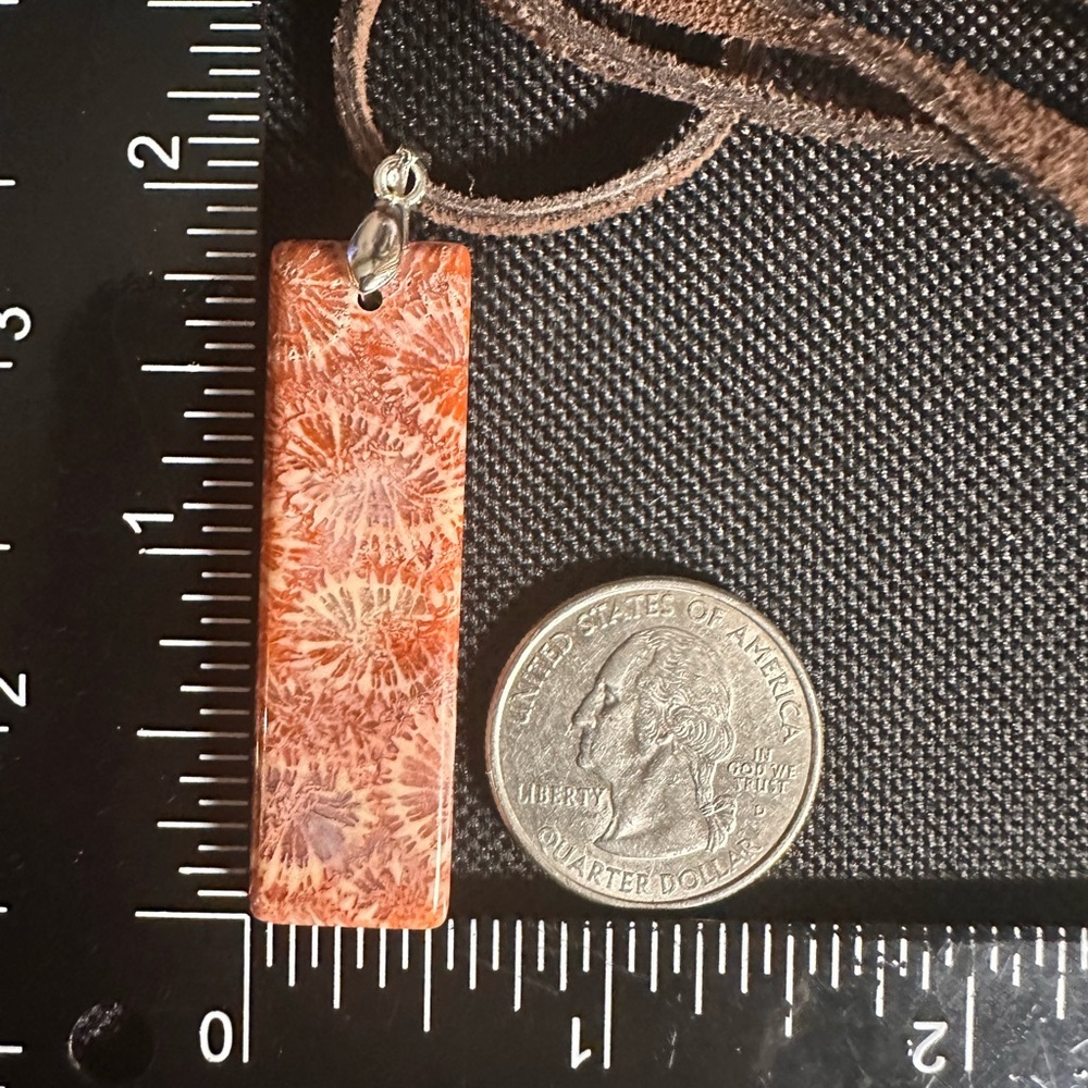 Dark Orange Coral Fossil Thin Rectangle Pendant Necklace on Brown Suede - Picture 12 of 13